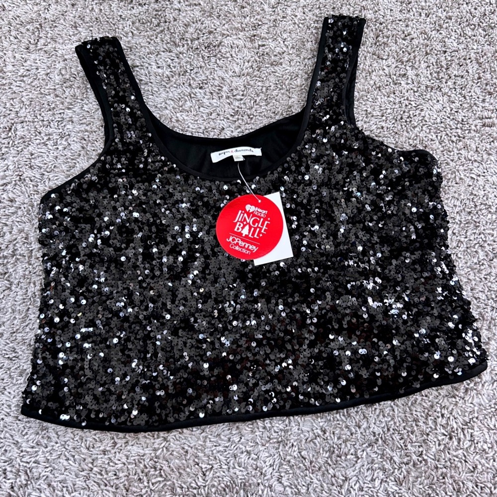 Sugar & Diamonds Black Sequin Crop Tank Top JCPenney Jingle Ball Mens Size L NWT